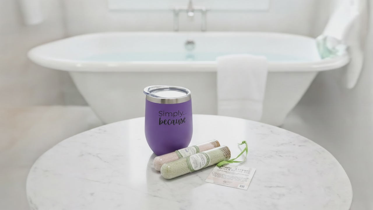 Simple Suds stainless tumbler with 2 bath salts, surrounded by light