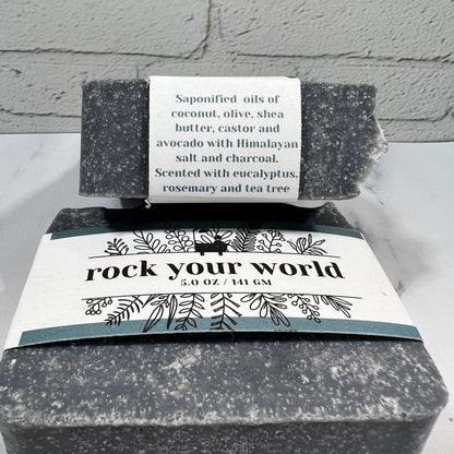 Rock Your World Salt Bar 20% Himalayan Salt with Charcoal. Eucalyptus-Rosemary-Tea Tree